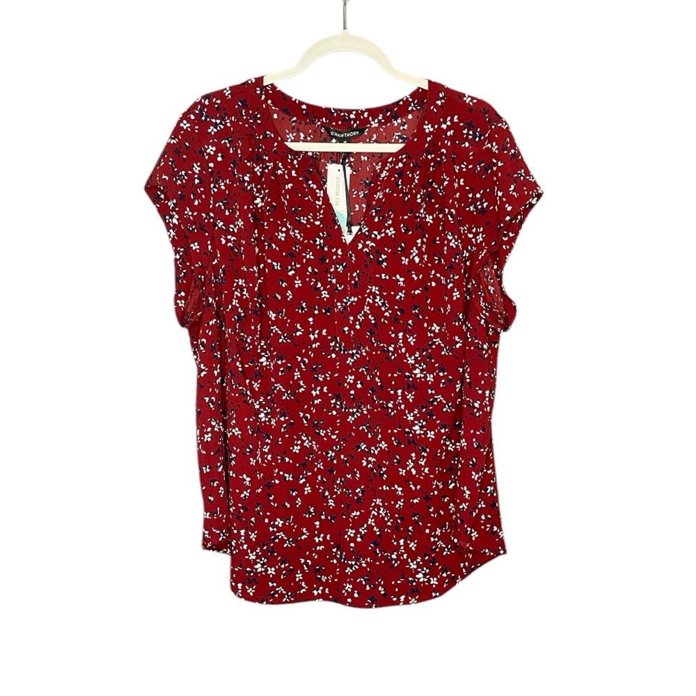 Stitch Fix 41 Hawthorn Morey Split Neck Short Sleeve Blouse Top Burgandy NWT